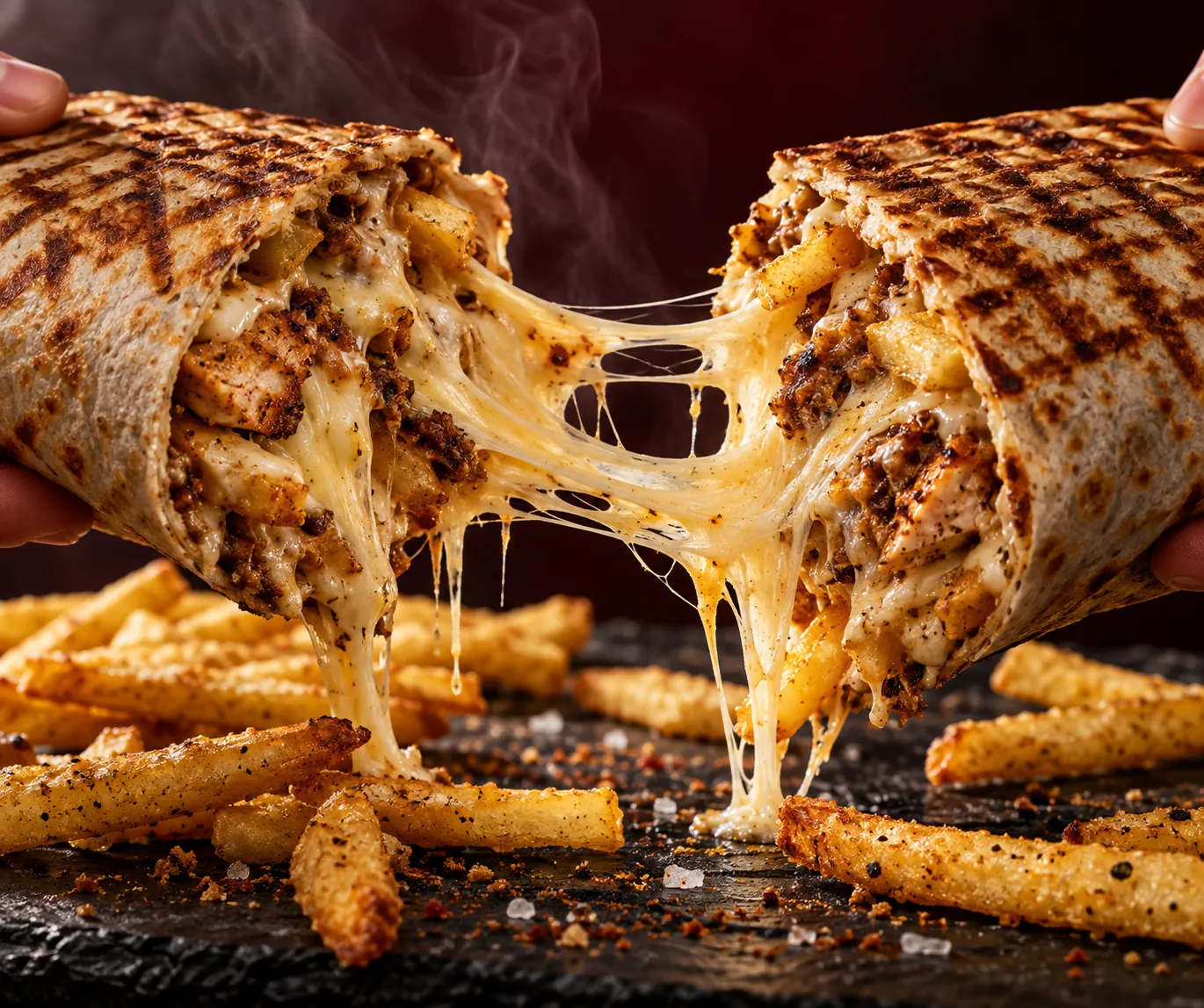 Tacos signature au fromage filant, frites et sauces sur bois sombre
