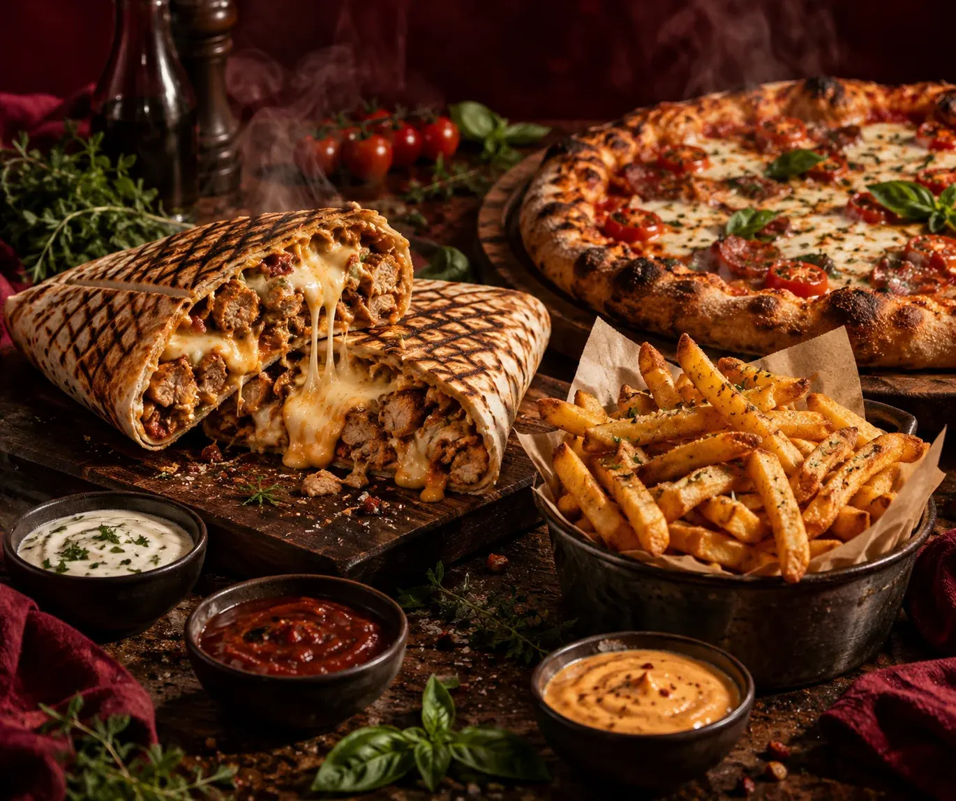 Table garnie : tacos, frites, pizza artisanale et sauces