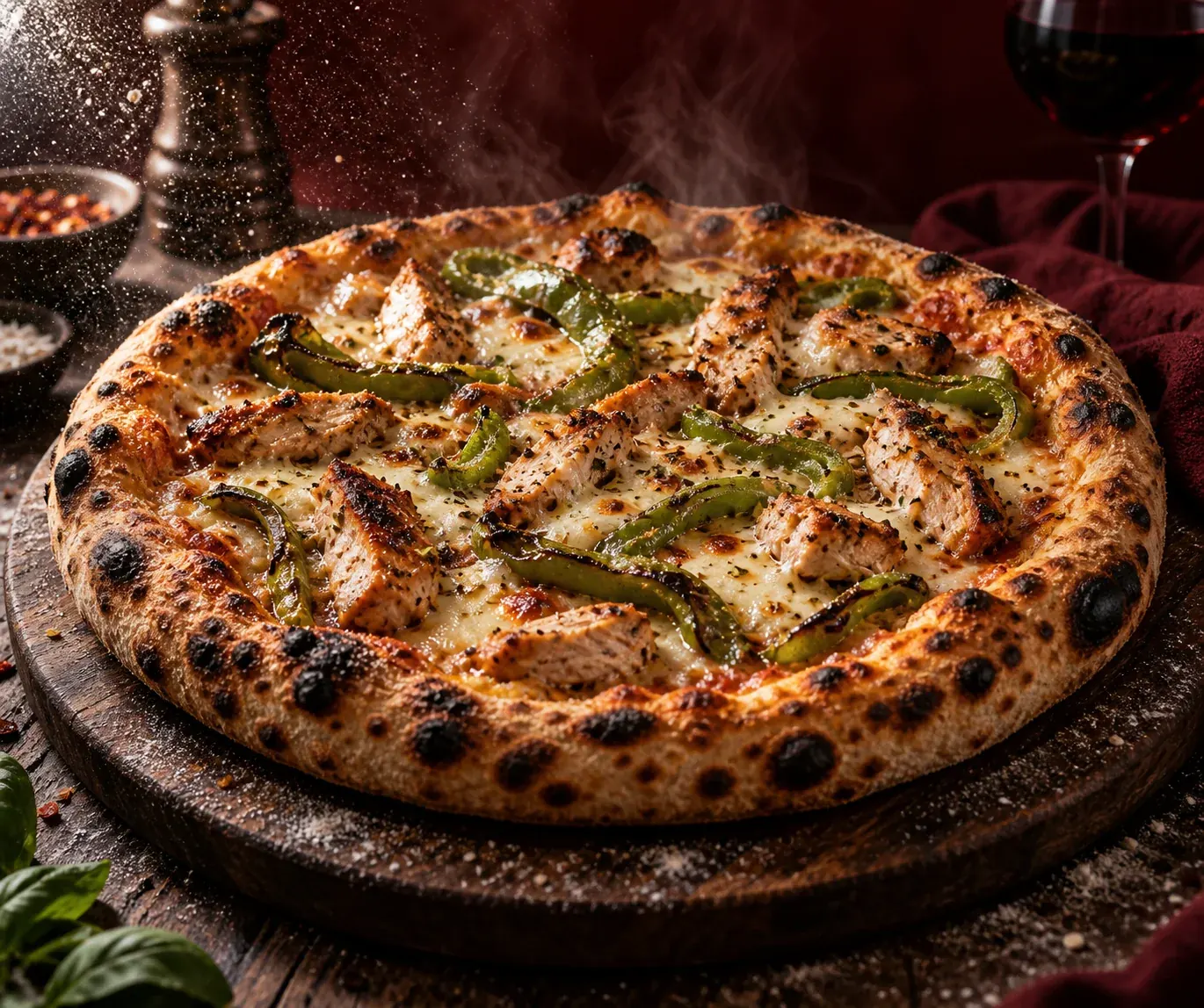 Pizza artisanale sortie du four, mozzarella bouillonnante