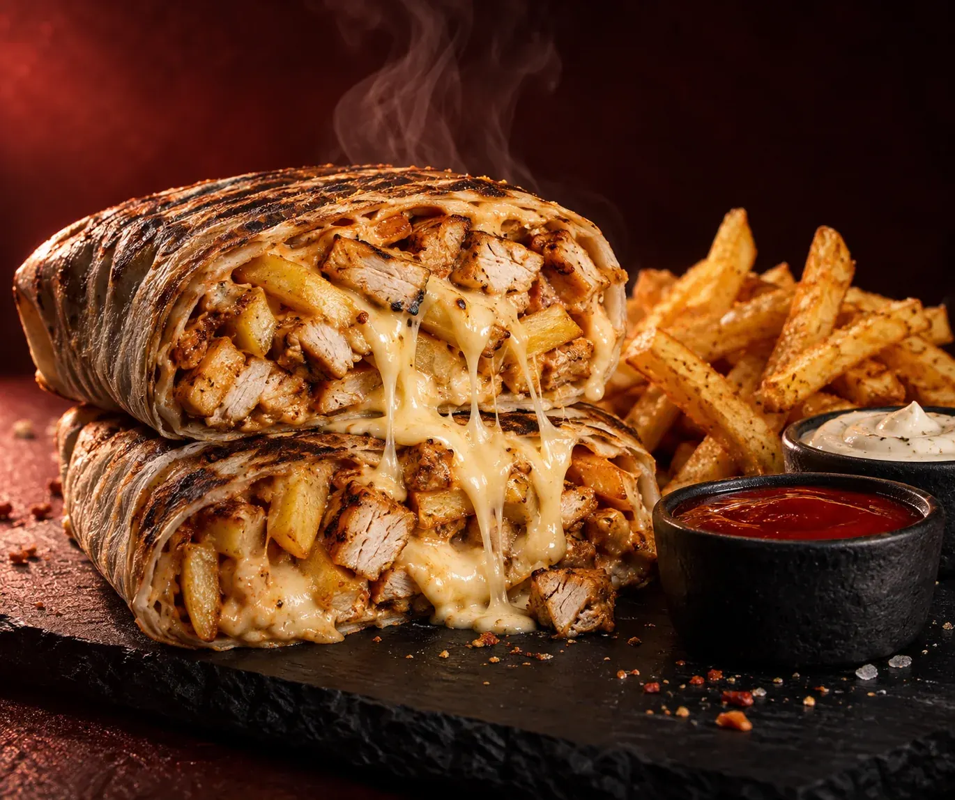 Tacos au poulet sauce fromagère, frites et sauces