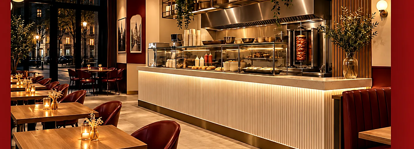 La salle du restaurant FC Tacos Vienne : cuisine ouverte, banquettes cuir et tables bois